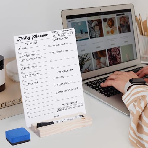 KITOME to Do List Planner, Acrylic Daily Planner Dry Erase Board for Desk (24X18 Cm), Double Sided Daily Planner Organizer with Wooden Base, 1 Marker & Duster. - Image 5