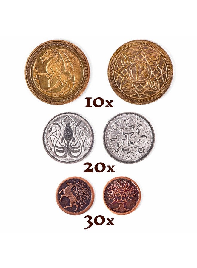 Stratagem The Dragon's Hoard: 60 Real Metal Fantasy Coins with Leather Pouch | Board Game Accessory for Tabletop RPG Role-Play Strategy Games | Bronze, Silver, and Gold Colored Coins  - Image 5