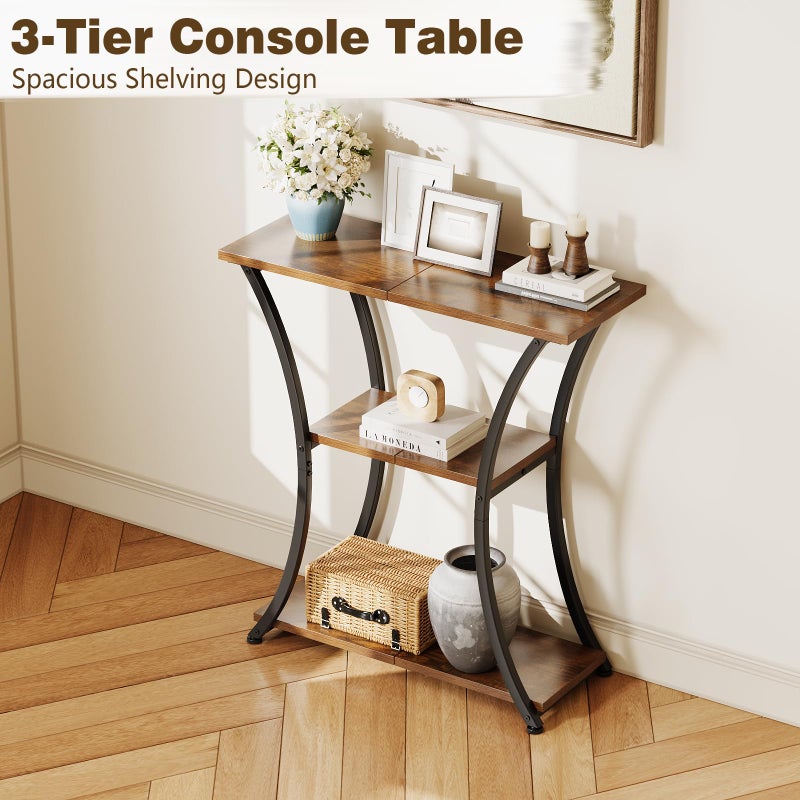 Trironsun Rustic 3-Tier Console Table with Open Shelves Narrow Entryway Table with Curved Metal Frame Slim Sofa Table for Hallway Living Room or Foyer (Rustic Brown) - Image 3