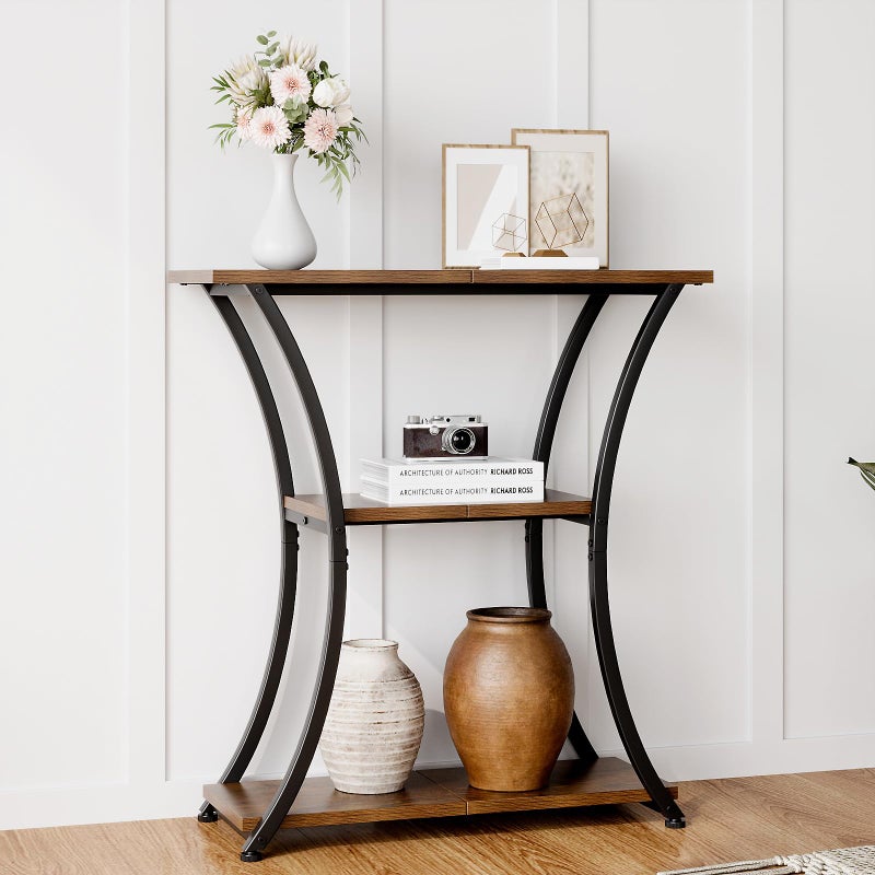 Trironsun Rustic 3-Tier Console Table with Open Shelves Narrow Entryway Table with Curved Metal Frame Slim Sofa Table for Hallway Living Room or Foyer (Rustic Brown) - Image 2