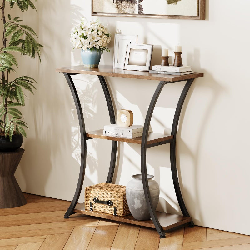 Trironsun Rustic 3-Tier Console Table with Open Shelves Narrow Entryway Table with Curved Metal Frame Slim Sofa Table for Hallway Living Room or Foyer (Rustic Brown) - Image 1