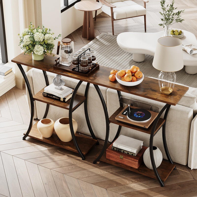Trironsun Rustic 3-Tier Console Table with Open Shelves Narrow Entryway Table with Curved Metal Frame Slim Sofa Table for Hallway Living Room or Foyer (Rustic Brown) - Image 4
