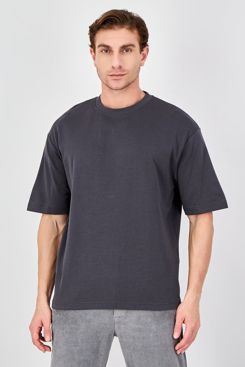 SELECTED Men Crew Neck Short Sleeve Solid T-Shirt, Charcoal - Image 1