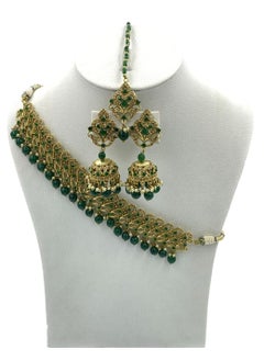 GOHONA GOHONA Royal Bling Bollywood Traditional Indian  Jewelry Necklace With Earrings Set and 1 Tikka in green colour  - Image 1