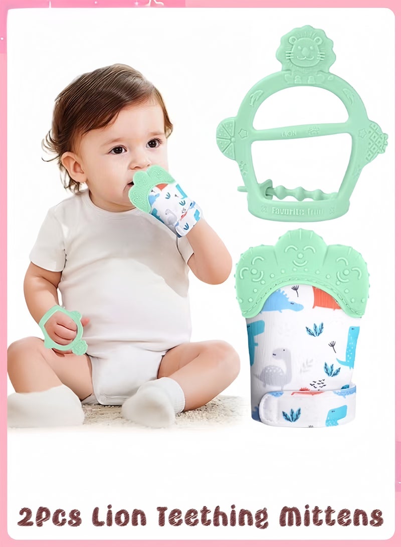 ColaBear 2Pcs Silicone Teething Mitten Set, Baby Teething Toy with Lion & Dinosaur Pattern, Toddler Teething Gloves with Adjustable Strap, Crinkle Sound, Self Soothing Baby Chew Toys for Infants (Green) - Image 1