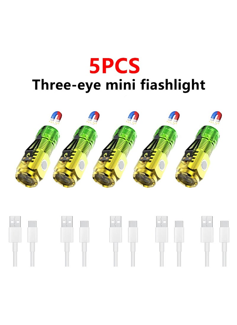 AROAQ Mini Flashlight, Multifunctional Three Eyed Bright Flashlight, Ipx4 Waterproof Portable Handheld Torch With Clip, Rechargeable Durable Pocket Flashlight For Camping Hunting, (5pcs, Yellow)  - Image 1