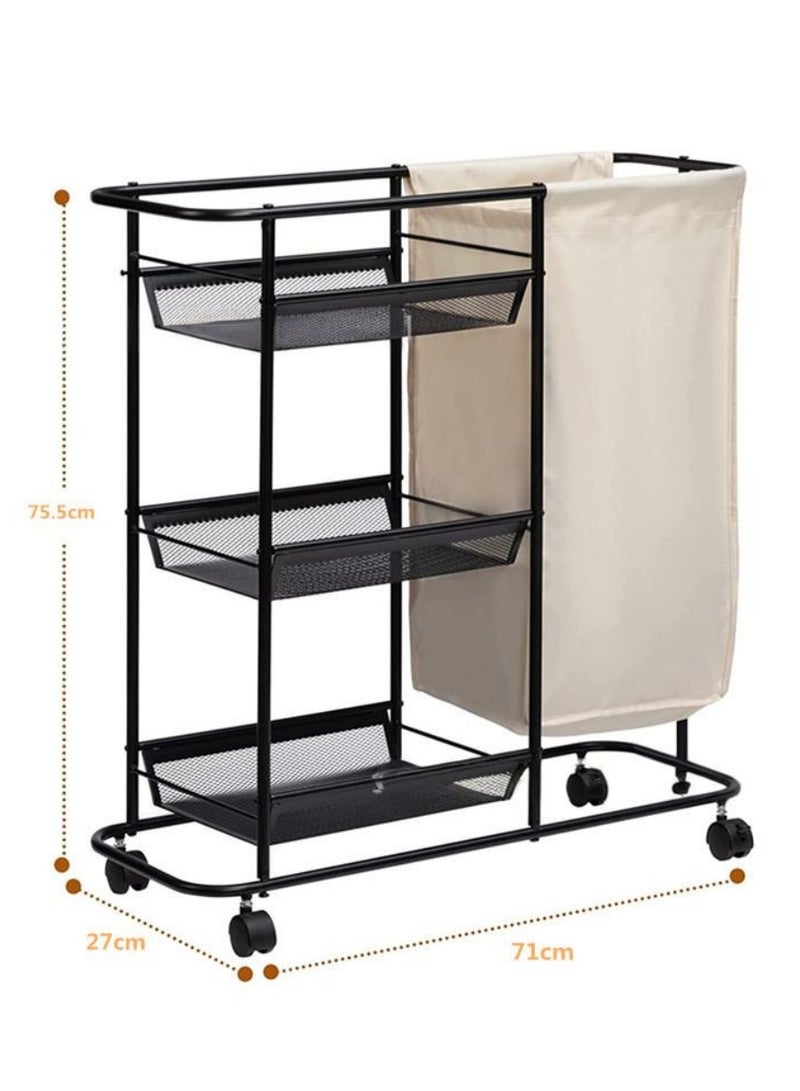 XiuWoo Rolling Laundry Sorter Cart Gray Laundry Basket with Wheels, Movable Bathroom Slim Organizer Laundry Storage Baskets 3-Tier Storage Shelves with 1 Bag for Clothes - Image 5