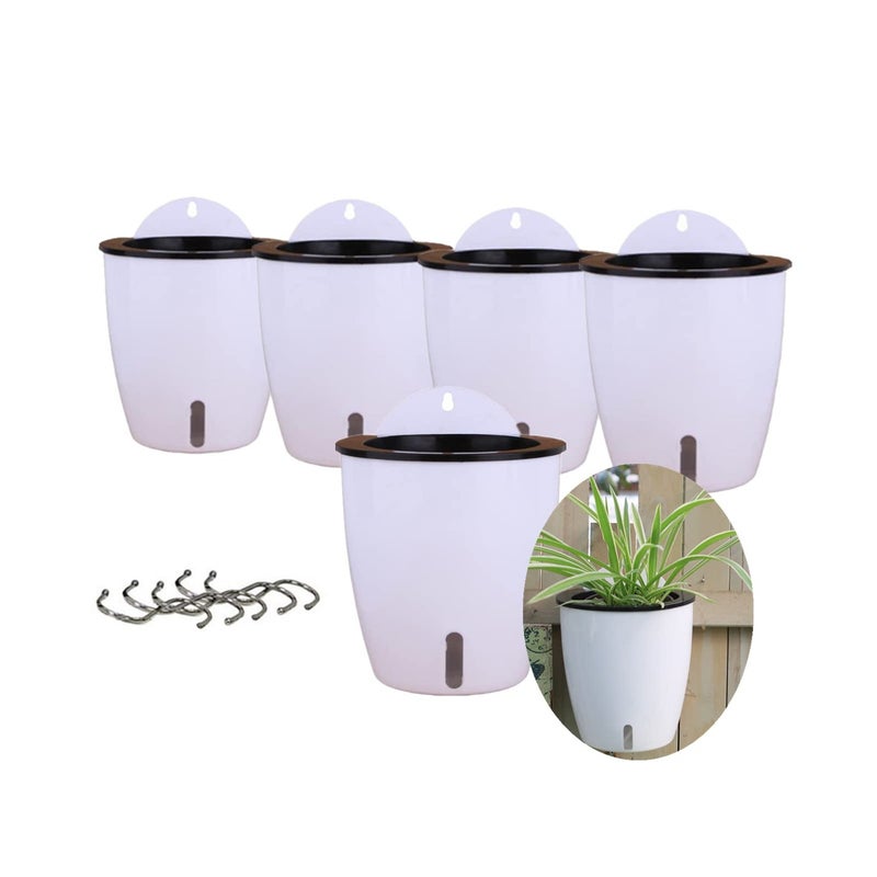 5 Pack Visible Water Level Self Watering Planter with Inner PotHanging PlantersWall Mounted Plants HolderSmall Flower pots Indoor Out Flowerpot with 5 Hooks for All House Plants White