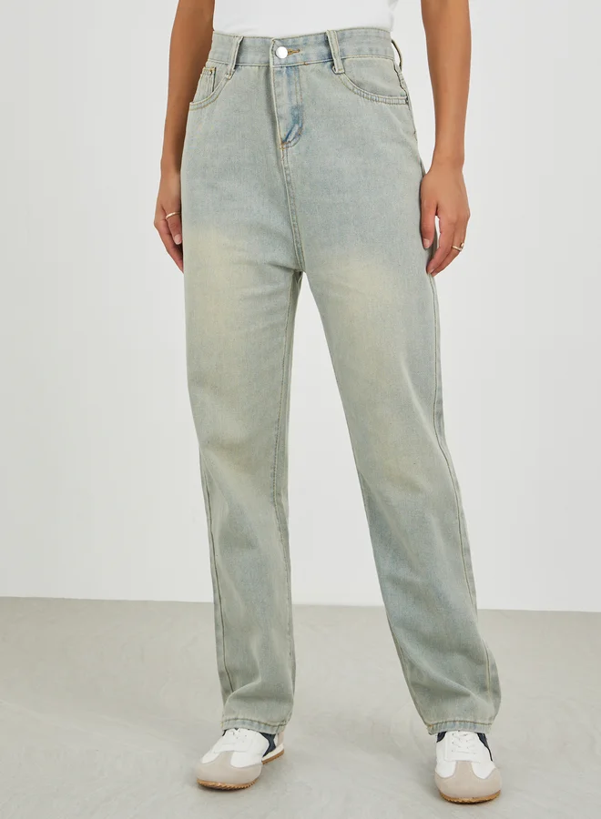 Styli Styli Mid Rise Wide Leg Faded Jeans