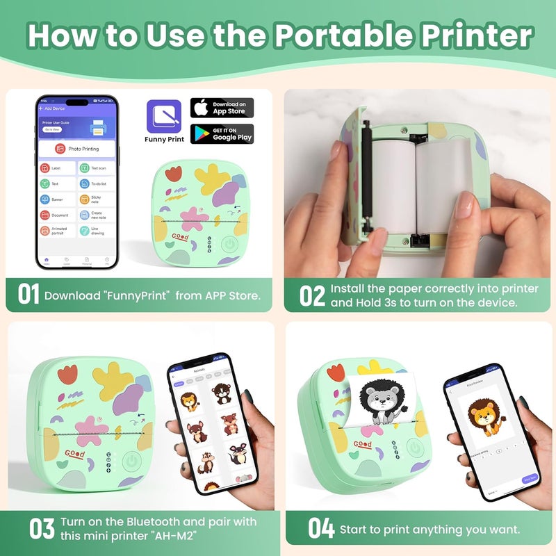 XenGro Printer Portable Thermal Sticker Maker, Mini Thermal Printer with 3 Rolls Paper, Bluetooth Inkless Print Pod, Pocket Label Maker Suitable for Creative DIY, Diaries, Photos, Study Notes (Green) - Image 3
