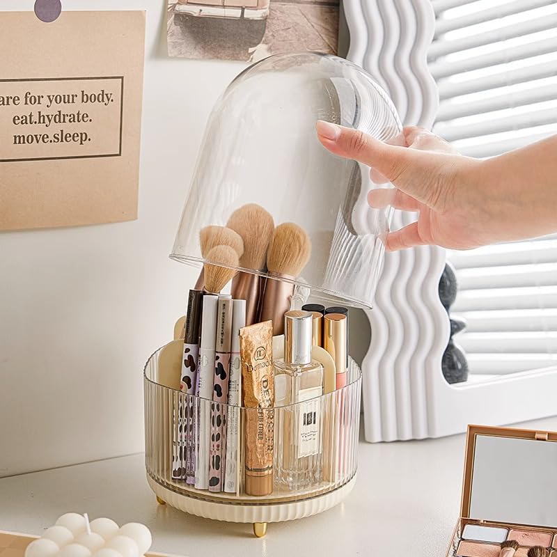 STAR WORK Makeup Brush Holder with lid,360° Rotating Makeup Organizer,7-Slot Makeup Brushes Cup,for Vanity Decor,paint brush holder，make up brush holder organizer,makeup brush organizer. (CREAM) - Image 1