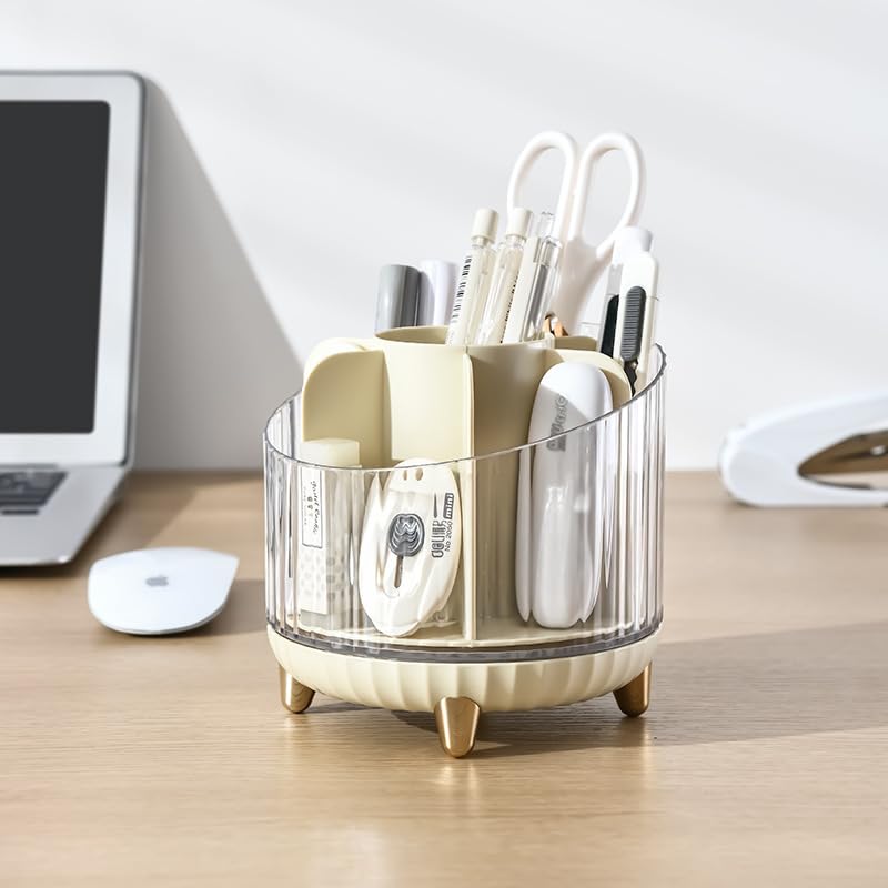 STAR WORK Makeup Brush Holder with lid,360° Rotating Makeup Organizer,7-Slot Makeup Brushes Cup,for Vanity Decor,paint brush holder，make up brush holder organizer,makeup brush organizer. (CREAM) - Image 2