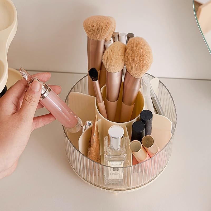 STAR WORK Makeup Brush Holder with lid,360° Rotating Makeup Organizer,7-Slot Makeup Brushes Cup,for Vanity Decor,paint brush holder，make up brush holder organizer,makeup brush organizer. (CREAM) - Image 5