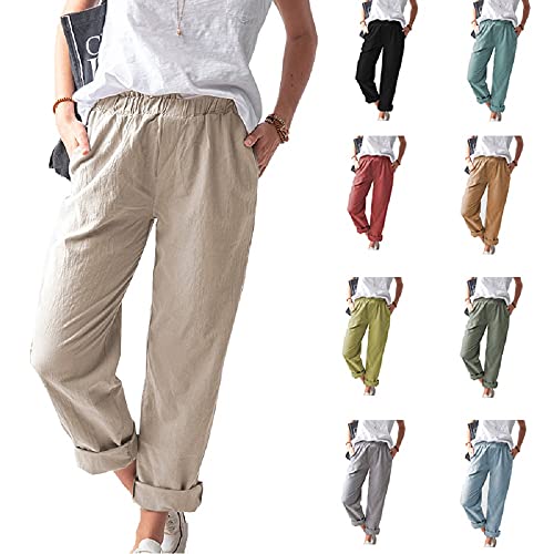 WROLEM Women's Straight Pants Elastic Waist Casual Trousers Pants with Pockets Navy Blue - Image 2