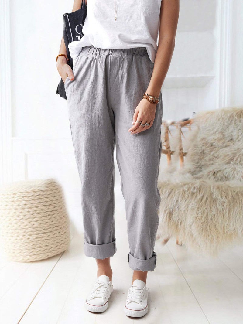 WROLEM Women's Straight Pants Elastic Waist Casual Trousers Pants with Pockets Navy Blue - Image 5