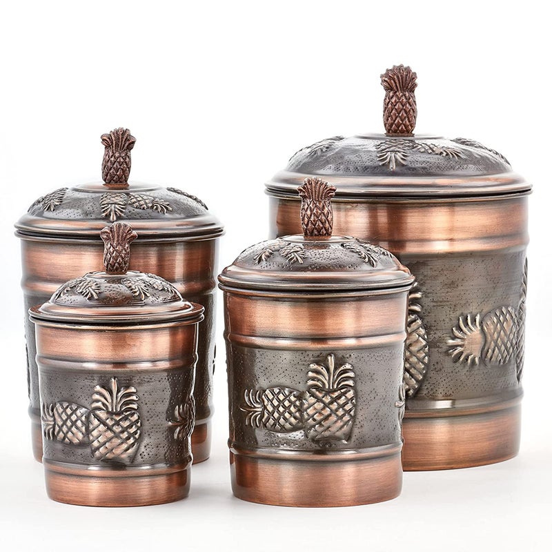 nu steel Set of 4 Piece Pineapple Antique Kitchen Food Container Set with Rubberised Seals Copper Stainless Steel