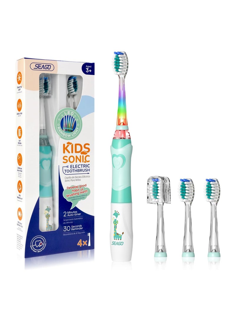 SEAGO Kids Electric Toothbrush with 2 Mins Brushing Timer and 4 Replacement Bursh Heads, Rainbow LED Light Make Brushing Fun, Green Color Boys Battery Powerd Toothbrush for 4-12 Years Old，SG-977 - Image 1