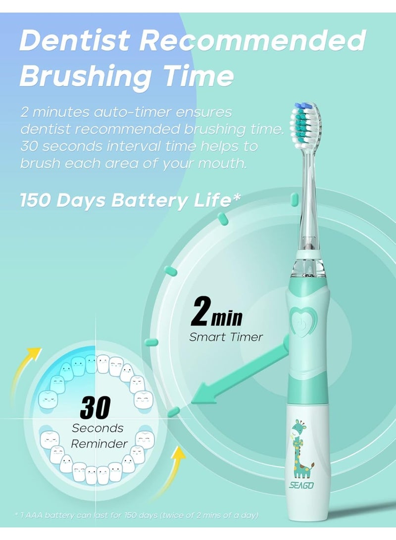 SEAGO Kids Electric Toothbrush with 2 Mins Brushing Timer and 4 Replacement Bursh Heads, Rainbow LED Light Make Brushing Fun, Green Color Boys Battery Powerd Toothbrush for 4-12 Years Old，SG-977 - Image 3