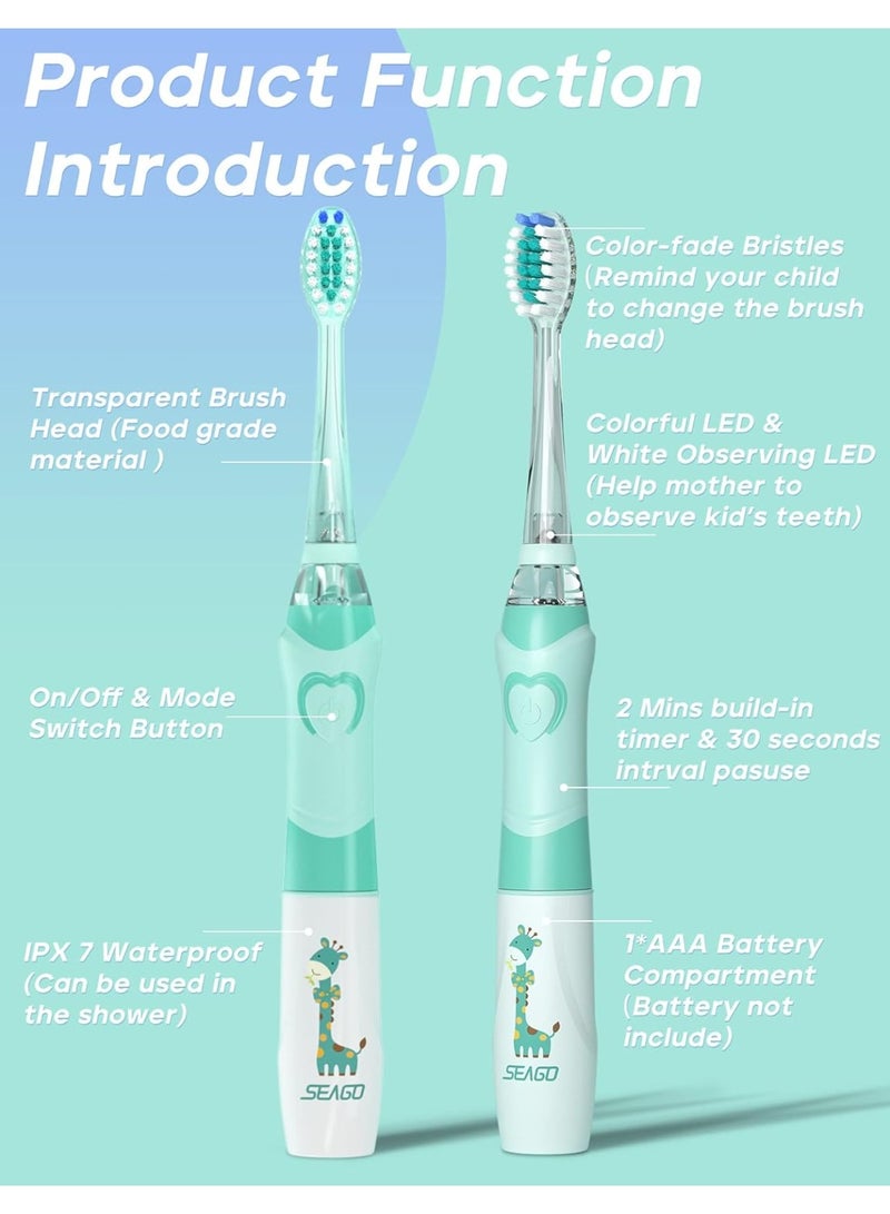 SEAGO Kids Electric Toothbrush with 2 Mins Brushing Timer and 4 Replacement Bursh Heads, Rainbow LED Light Make Brushing Fun, Green Color Boys Battery Powerd Toothbrush for 4-12 Years Old，SG-977 - Image 2