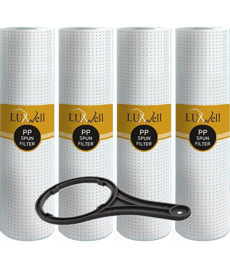 LUXWELL Pre Filter for Water Purifier PP Filter 10 inch 5 micron Water Filter Cartridgespun filterWater Filter Candles for RO Water Purifier For all 10 Inch Housing RO Pack of 4 Spanner - Image 1