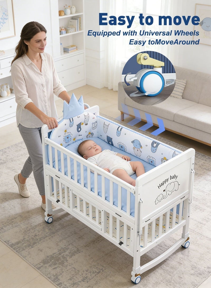 MaBaby 4 in 1 Height Adjustable Wooden Mobile Crib Multi-Functional Wooden Baby Crib 0-6 Years: Convertible to Toddler Bed, Desk & Co-Sleeper with Storage, Rocking/Wheeled Modes - Image 3