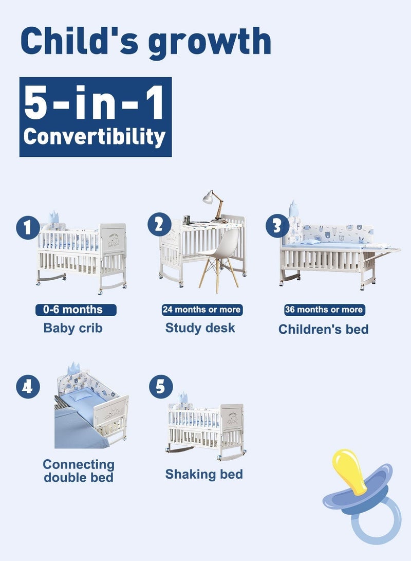 MaBaby 4 in 1 Height Adjustable Wooden Mobile Crib Multi-Functional Wooden Baby Crib 0-6 Years: Convertible to Toddler Bed, Desk & Co-Sleeper with Storage, Rocking/Wheeled Modes - Image 2