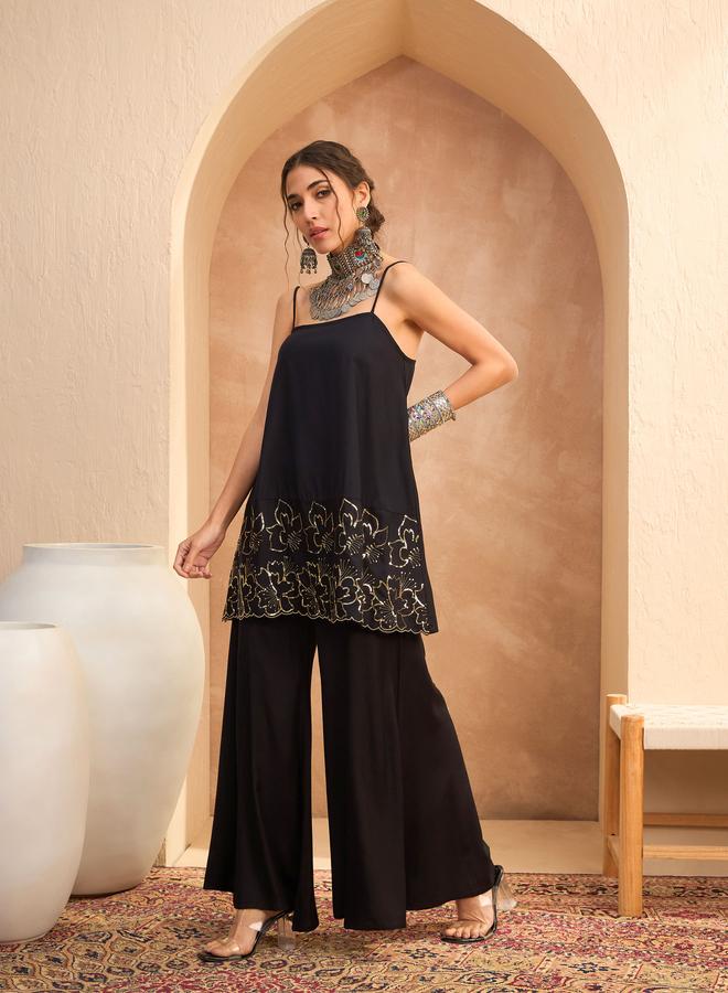SASSAFRAS Black Embroidered Strappy Kurta and Palazzo Pants Set - Image 4