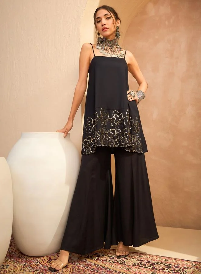 SASSAFRAS Sassafras Black Embroidered Strappy Kurta and Palazzo Pants Set