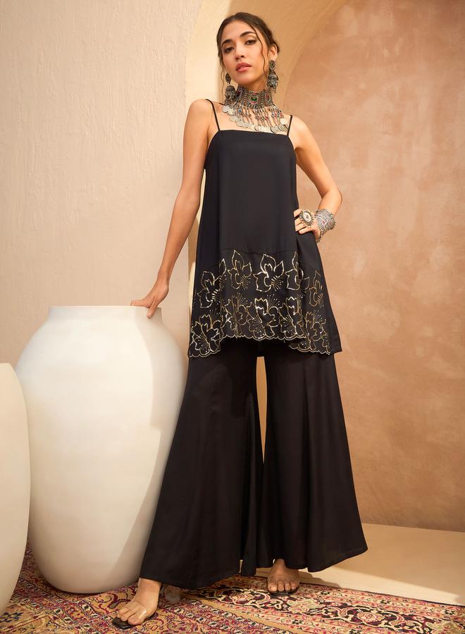 SASSAFRAS Black Embroidered Strappy Kurta and Palazzo Pants Set - Image 1