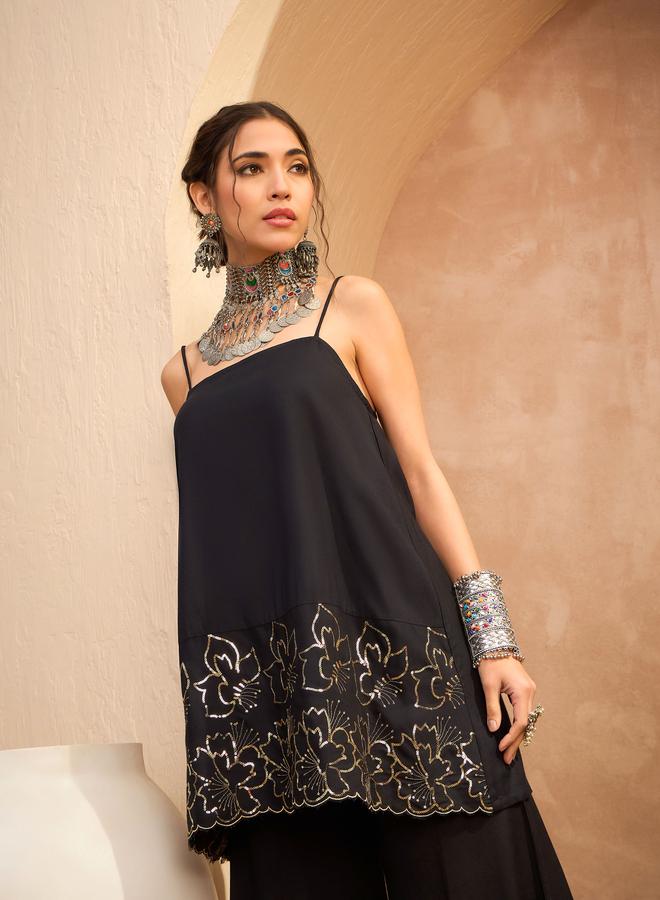 SASSAFRAS Black Embroidered Strappy Kurta and Palazzo Pants Set - Image 2