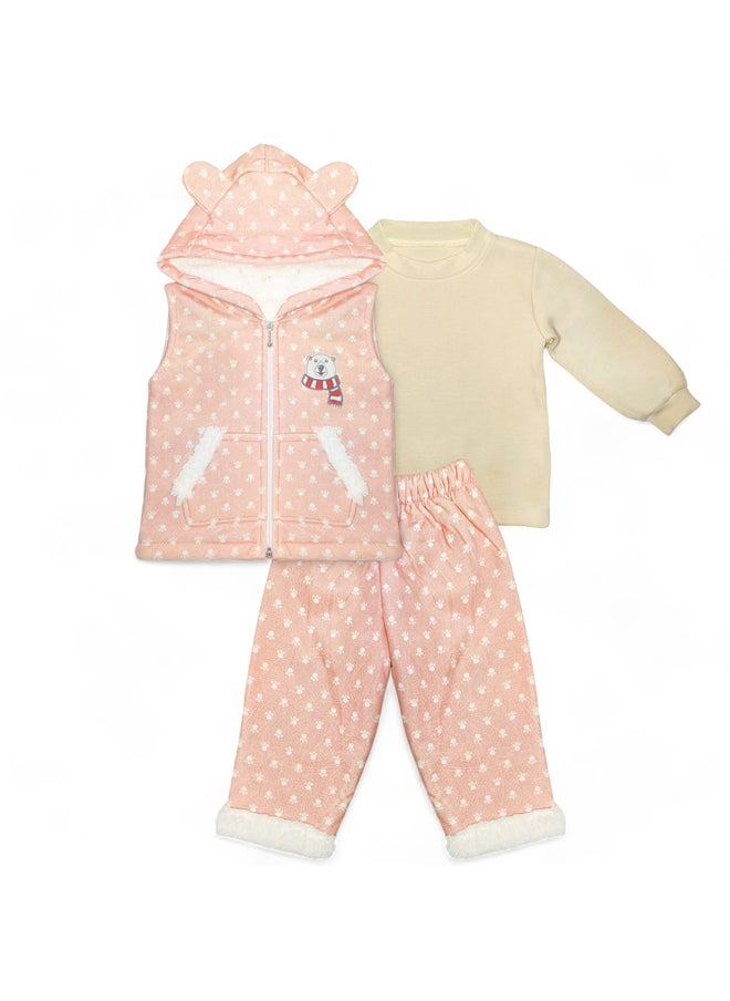 BabyShoora - Three-piece baby set with fur inside, hood, pants + shirt + vest - Image 1