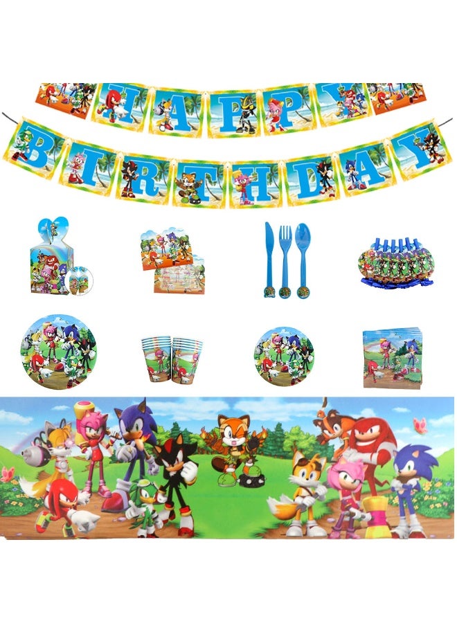 مجموعة أدوات المائدة لحفلة سونيك القنفذ، أطباق ورقية، مناديل، أكواب، مفارش طاولة، أدوات مائدة رياضية لعشرة ضيوف، ديكورات حفلات - Image 1