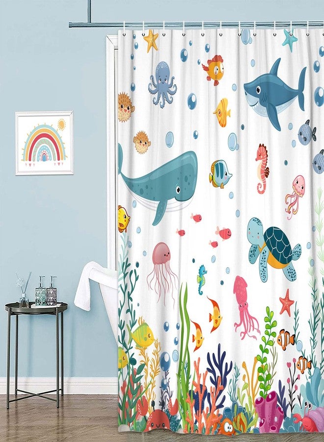 Grtuspr Ocean Underwater World Kids Shower Curtain, Cute Sea Turtles Dolphins Fish Coral Reef Bathroom Decor for Boys Girls, Waterproof Polyester Fabric with 12 Hooks, Blue Marine Theme Bath Curtain - Image 4