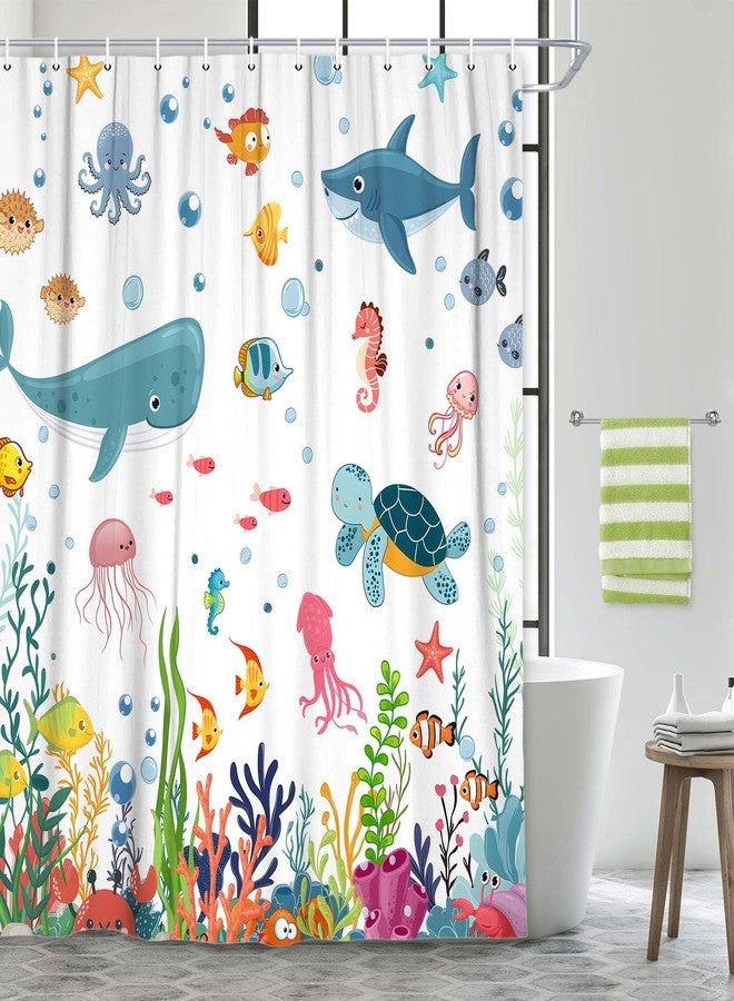 Grtuspr Ocean Underwater World Kids Shower Curtain, Cute Sea Turtles Dolphins Fish Coral Reef Bathroom Decor for Boys Girls, Waterproof Polyester Fabric with 12 Hooks, Blue Marine Theme Bath Curtain - Image 1