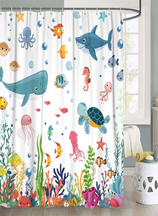 Grtuspr Ocean Underwater World Kids Shower Curtain, Cute Sea Turtles Dolphins Fish Coral Reef Bathroom Decor for Boys Girls, Waterproof Polyester Fabric with 12 Hooks, Blue Marine Theme Bath Curtain - Image 3