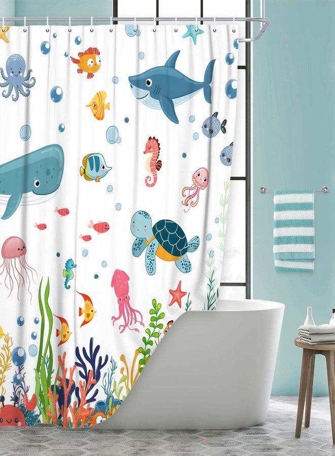 Grtuspr Ocean Underwater World Kids Shower Curtain, Cute Sea Turtles Dolphins Fish Coral Reef Bathroom Decor for Boys Girls, Waterproof Polyester Fabric with 12 Hooks, Blue Marine Theme Bath Curtain - Image 2