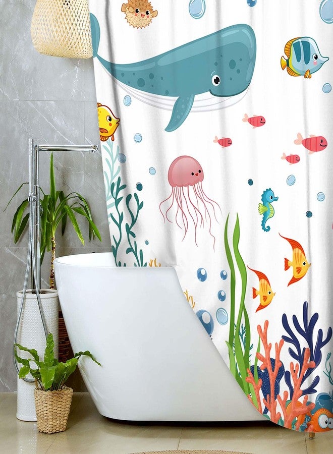 Grtuspr Ocean Underwater World Kids Shower Curtain, Cute Sea Turtles Dolphins Fish Coral Reef Bathroom Decor for Boys Girls, Waterproof Polyester Fabric with 12 Hooks, Blue Marine Theme Bath Curtain - Image 5