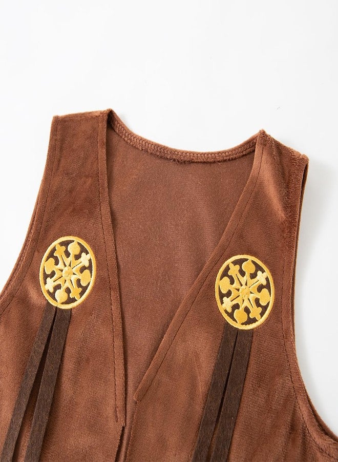stylesilove Baby Toddler Girls Brown Fringe Vest, Skirt, Bandana and Hat 4pcs Western Cowgirl Clothing Set (Brown, 4-5 Years) - Image 3