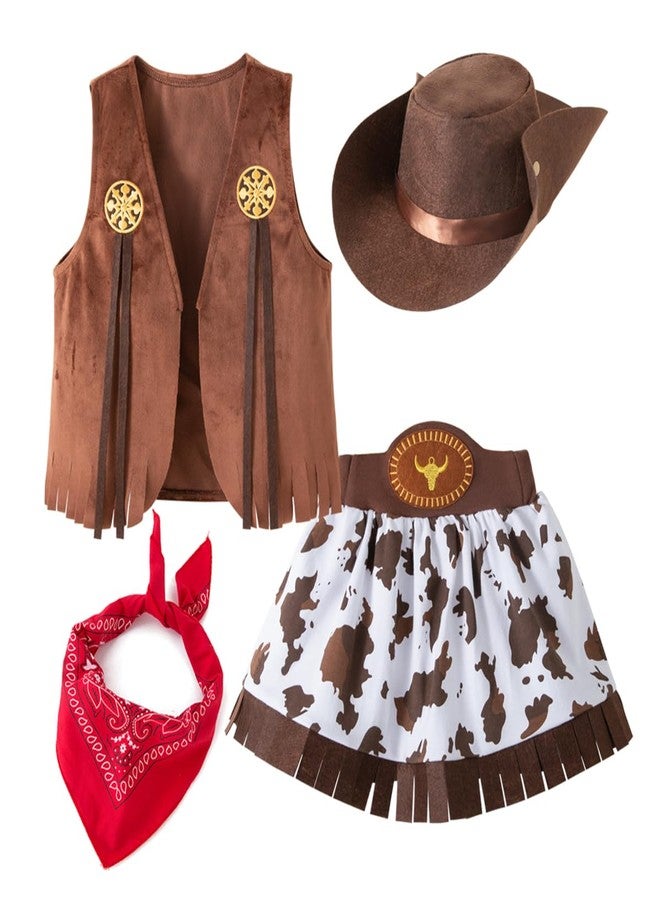 stylesilove Baby Toddler Girls Brown Fringe Vest, Skirt, Bandana and Hat 4pcs Western Cowgirl Clothing Set (Brown, 4-5 Years) - Image 1
