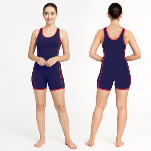 Hacer Romper Style Swimwear with Lining Padded Sleeveless Knee Length Bodysuit Swimming Costume One Piece Short Swimsuit for Pool Beach Women (L, 36, Navy Blue) - Image 1
