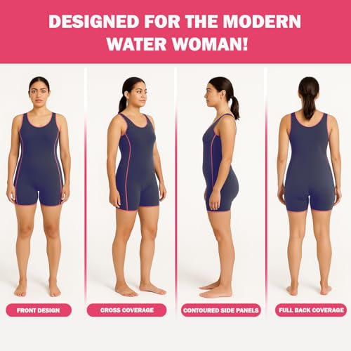 Hacer Romper Style Swimwear with Lining Padded Sleeveless Knee Length Bodysuit Swimming Costume One Piece Short Swimsuit for Pool Beach Women (L, 36, Navy Blue) - Image 3