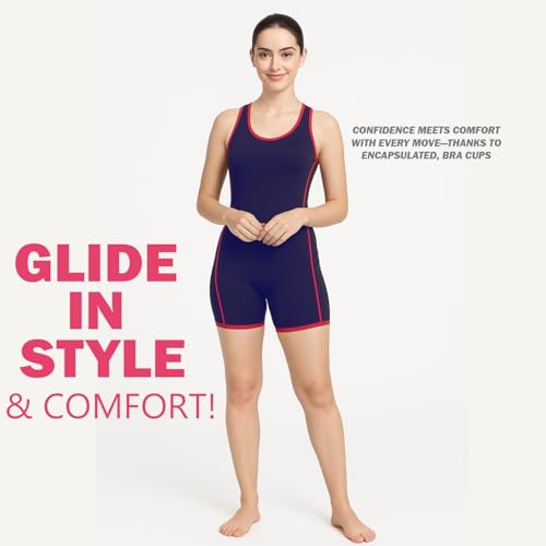 Hacer Romper Style Swimwear with Lining Padded Sleeveless Knee Length Bodysuit Swimming Costume One Piece Short Swimsuit for Pool Beach Women (L, 36, Navy Blue) - Image 2