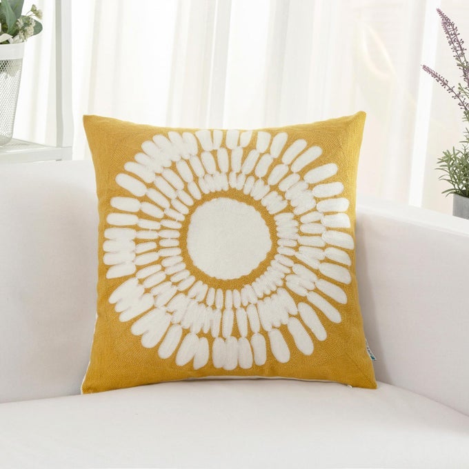 MUSTARD YELLOW DECORATIVE THROW PILLOW COVERS 18X18 INCH 1 PIECE EMBROIDERED COTTON MODERN FARMHOUSE CUSHION COVER PILLOW CASE FOR SOFA COUCH LIVING ROOM BED SUNFLOWER