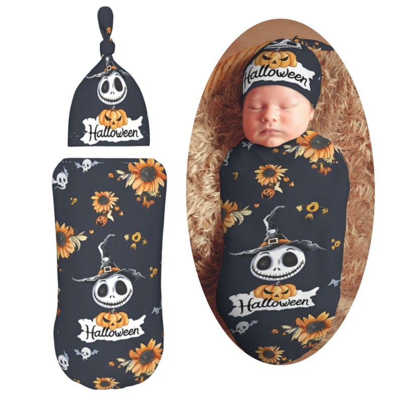 AuHomea AuHomea Halloween Pattern in Black Skulls Newborn Swaddle Blanket Soft Unisex Infant Swaddle Wrap Blanket Baby Receiving Blanket with Beanie Hat for Boy and Girl