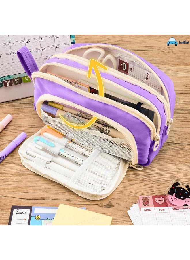 فنبلاست حافظة أقلام فن بلاست كبيرة السعة، متعددة الجيوب، بسحاب مزدوج، محمولة، حافظة أقلام أنيقة، حافظة أقلام كاواي، حقائب لطيفة للفتيات، حقيبة تنظيم أدوات مكتبية (أرجوانية) - Image 2