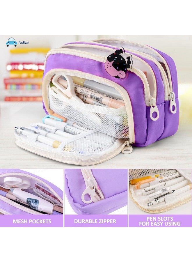 فنبلاست حافظة أقلام فن بلاست كبيرة السعة، متعددة الجيوب، بسحاب مزدوج، محمولة، حافظة أقلام أنيقة، حافظة أقلام كاواي، حقائب لطيفة للفتيات، حقيبة تنظيم أدوات مكتبية (أرجوانية) - Image 5