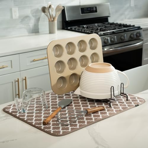 S&T INC. Dish Drying Mat XL, 18” x 24”, Absorbent Microfiber Kitchen Counter Mat, Dish Drying Pad for Dishes, Utensils, Pots and Pans, Extra Large, Taupe Trellis - Image 2
