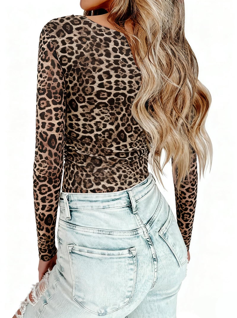 AGECODE Women's Square Neck Leopard Printed Mesh Long Sleeve Bodysuit Shirts Ruched Body Suit Leotard Tops Medium - Image 2