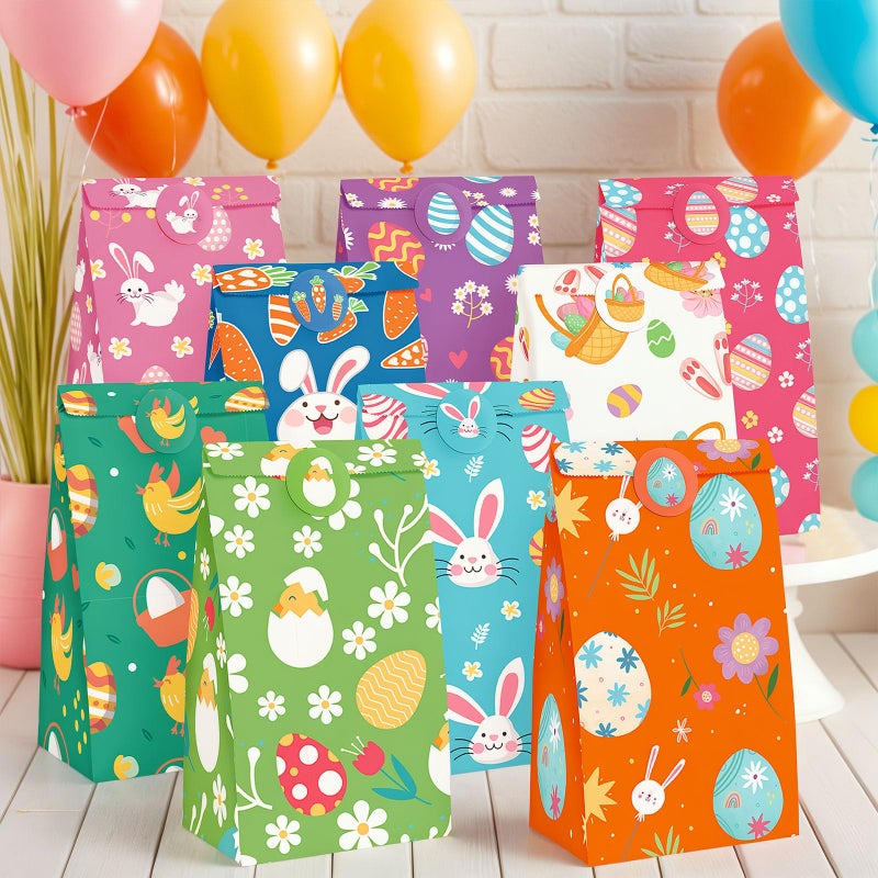 JOHOUSE 27 Pack Easter Treat Bags, 4.7" x 3.1" x 8.7" Paper Bags with Stickers for Kids Easter Party Favors Cookies Lunch Goodie - Image 1