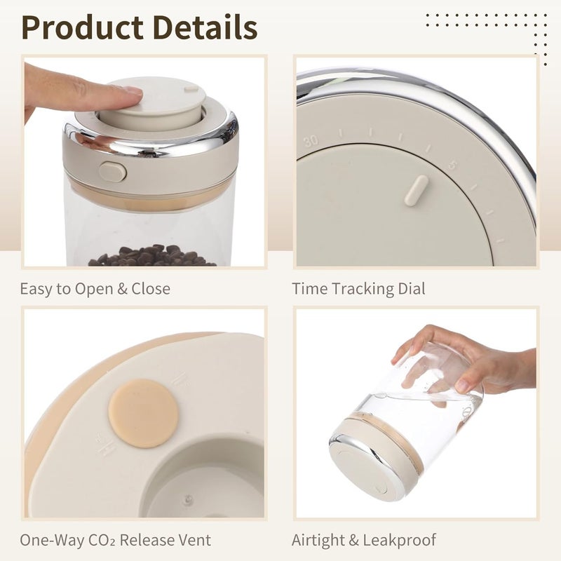 2 PCS Glass Coffee Canister 1100ml, Airtight Coffee Bean Storage Jar, One-Way CO₂ Vent, Date Tracking Dial, One-Press Seal Lid, High Borosilicate Glass for Tea Sugar - Image 5